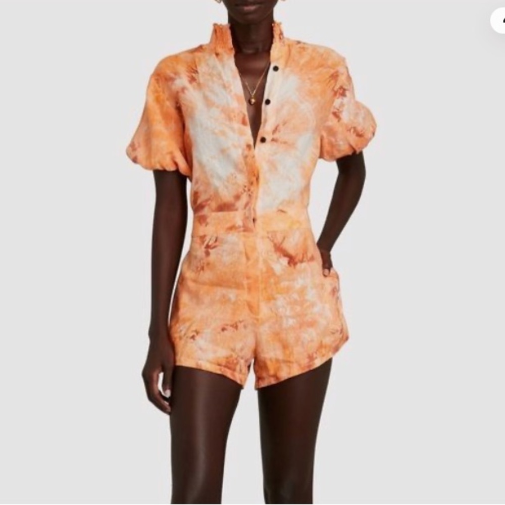 Ruffled Mandarin Collar Jumpsuit in Orange and Tan